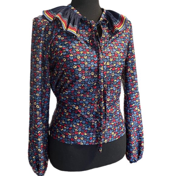 1960s colorful abstract pattern blouse with striped frill collar - Picture 8 of 8